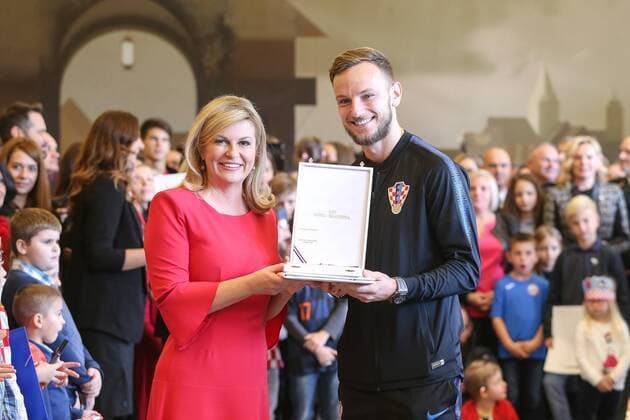 President of the Republic of Croatia Kolinda Grabar-Kitarovic presented state medals to Cratian foortball team 13.11.2018., Croatia, Zagreb - President of the Republic of Croatia Kolinda Grabar-Kitarovic presented state medals and acknowledgments to the head coach, players and members of the proffesional staff of Croatian national football team and the Croatian Football Federation for the final placement at the Russia World Cup. Ivan Rakitic.  LukaxStanzl PIXSELL