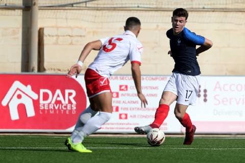 Giulian Biancone (R) of France Under-19 during the UEFA Under-19 Championship 2019 Qualifying Group 6 match between France and Malta at the Centenary Stadium, Ta Qali, Malta on 14 November 2018. France U19 v Malta U19 MLT_FRA_U19_18
