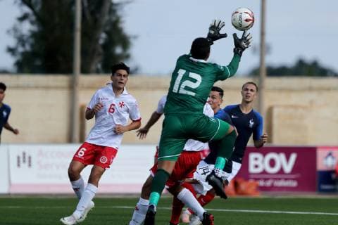 Amara Sylla, (12) goalkeeper of Malta Under-19 soccer team during the UEFA Under-19 Championship 2019 Qualifying Group 6 match between France and Malta at the Centenary Stadium, Ta Qali, Malta on 14 November 2018. France U19 v Malta U19 MLT_FRA_U19_18