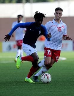 Arthur Zagre (L) of France Under-19 during the UEFA Under-19 Championship 2019 Qualifying Group 6 match between France and Malta at the Centenary Stadium, Ta Qali, Malta on 14 November 2018. France U19 v Malta U19 MLT_FRA_U19_18