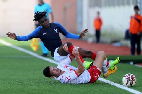 Arthur Zagre (L) of France Under-19 during the UEFA Under-19 Championship 2019 Qualifying Group 6 match between France and Malta at the Centenary Stadium, Ta Qali, Malta on 14 November 2018. France U19 v Malta U19 MLT_FRA_U19_18