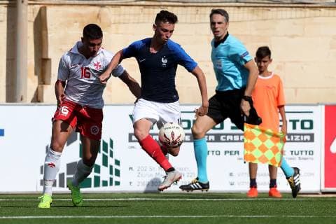 Alexis Flips (C) of France Under-19 during the UEFA Under-19 Championship 2019 Qualifying Group 6 match between France and Malta at the Centenary Stadium, Ta Qali, Malta on 14 November 2018. France U19 v Malta U19 MLT_FRA_U19_18