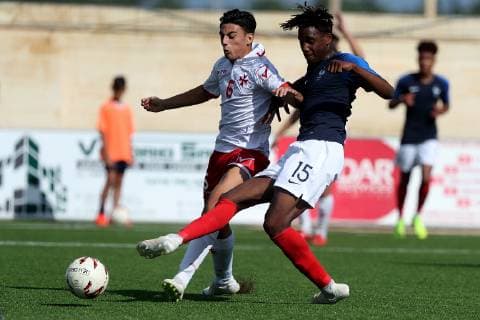 Charles Abi (R) of France Under-19 during the UEFA Under-19 Championship 2019 Qualifying Group 6 match between France and Malta at the Centenary Stadium, Ta Qali, Malta on 14 November 2018. France U19 v Malta U19 MLT_FRA_U19_18