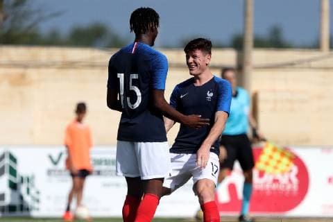 Charles Abi (L) of France Under-19 is congratulated after scoring by team mate Giulian Biancone (R) during the UEFA Under-19 Championship 2019 Qualifying Group 6 match between France and Malta at the Centenary Stadium, Ta Qali, Malta on 14 November 2018. France U19 v Malta U19 MLT_FRA_U19_18