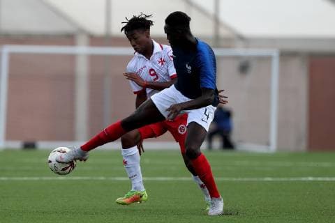 Oumar Solet (R) of France Under-19 during the UEFA Under-19 Championship 2019 Qualifying Group 6 match between France and Malta at the Centenary Stadium, Ta Qali, Malta on 14 November 2018. France U19 v Malta U19 MLT_FRA_U19_18