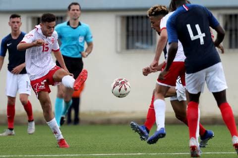 Zak Grech (L) of Malta Under-19 during the UEFA Under-19 Championship 2019 Qualifying Group 6 match between France and Malta at the Centenary Stadium, Ta Qali, Malta on 14 November 2018. France U19 v Malta U19 MLT_FRA_U19_18