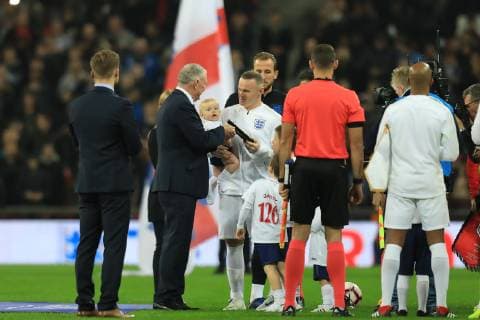 15th November 2018, Wembley Stadium, London, England; Wayne Rooney Foundation International football friendly, England versus United States of America; Wayne Rooney of England is presented with a life time achievement award by FA Chairman Greg Clarke  ActionPlus12079612 ShaunxBrooks