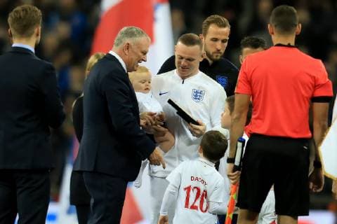 15th November 2018, Wembley Stadium, London, England; Wayne Rooney Foundation International football friendly, England versus United States of America; Wayne Rooney of England is presented with a life time achievement award by FA Chairman Greg Clarke  ActionPlus12079613 ShaunxBrooks