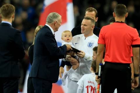 15th November 2018, Wembley Stadium, London, England; Wayne Rooney Foundation International football friendly, England versus United States of America; Wayne Rooney of England is presented with a life time achievement award by FA Chairman Greg Clarke  ActionPlus12079614 ShaunxBrooks