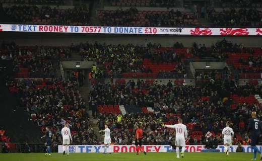 A banner asking to make a donation to the Wayne Rooney Foundation is shown during the game in the Friendly international match Länderspiel at Wembley Stadium, London. Picture date: 15th November 2018. Picture credit should read: David Klein Sportimage EDITORIAL USE ONLY. No use with unauthorised audio, video, data, fixture lists, club league logos or live services. Online in-match use limited to 120 images, no video emulation. No use in betting, games or single club league player publications. _1DK1041.JPG