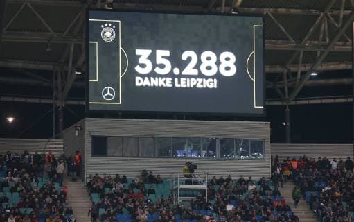 Deutschland - Russland Fussball Laenderspiel Leipzig, 15.11.2018, Red Bull Arena, Fussball, Laenderspiel , BR Deutschland (GER) vs. Russland (RUS) , Im Bild: Anzeigetafel mit der offiziellen Zuschauerzahl. , DFB regulations prohibit any use of photographs as image sequences and or quasi-video. , *** Germany Russia Football international Leipzig 15 11 2018 Red Bull Arena Football international BR Germany GER vs Russia RUS In picture scoreboard with official number of viewers DFB regulations prohibit any use of photographs as image sequences and or quasi video
