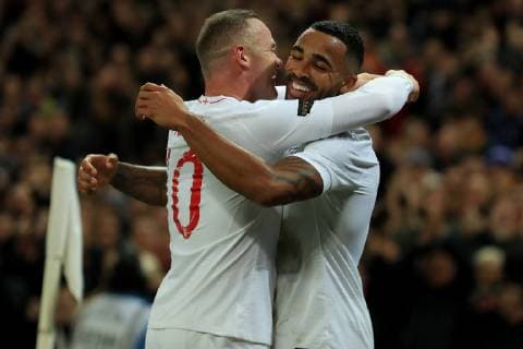 15th November 2018, Wembley Stadium, London, England; Wayne Rooney Foundation International football friendly, England versus United States of America; Callum Wilson celebrates with Wayne Rooney after he scores for 3-0 in the 77th minute  ActionPlus12079698 ShaunxBrooks