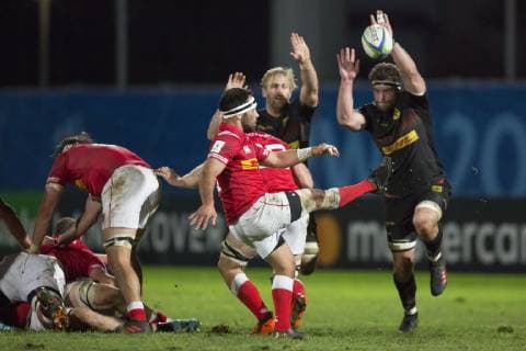 Deutschland - Kanada, WM-Qualifikationsspiel Qualifikationsspiel zum Rugby World Cup 2019 in Japan zwischen Deutschland und Kanada am 17.11.2018 in Marseille. Jaco Otto (Deutschland, 7) und Jarrid Els (Deutschland, 8) werfen sich vergebens in den Kick von Phil Mack (Canada, 9)., Marseille Bouches-du-Rhone Frankreich Stade Delort