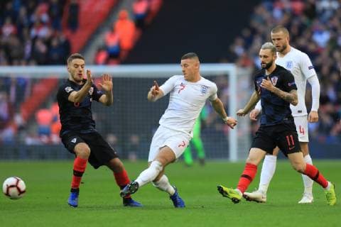 18th November 2018, Wembley Stadium, London, England; UEFA Nations League football, England versus Croatia; Ross Barkley of England plays the ball through midfield as he is is closed down by Nikola Vlasic of Croatia  ActionPlus12081164 ShaunxBrooks