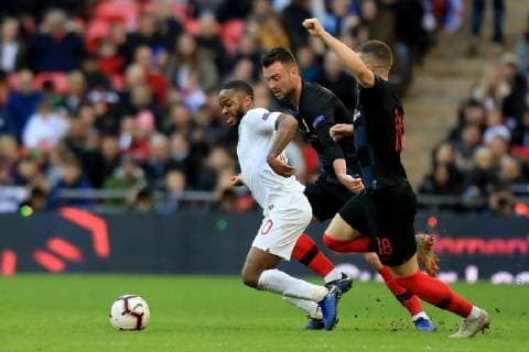18th November 2018, Wembley Stadium, London, England; UEFA Nations League football, England versus Croatia; Raheem Sterling of England outpaces Antonio Milic and Ante Rebic of Croatia  ActionPlus12081197 ShaunxBrooks