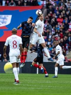 Harry Kane of England wins the header with Dejan Lovren of Croatia during the UEFA Nation League Group Stage match between England and Croatia at Wembley Stadium, London, England on 18 November 2018. Copyright: xLiamxMcAvoyx 21980004