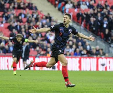 18th November 2018, Wembley Stadium, London, England; UEFA Nations League football, England versus Croatia; Andrej Kramaric of Croatia celebrates scoring the opening goal of the game in the 57th minute for 0-1  ActionPlus12081212 ConorxMolloy