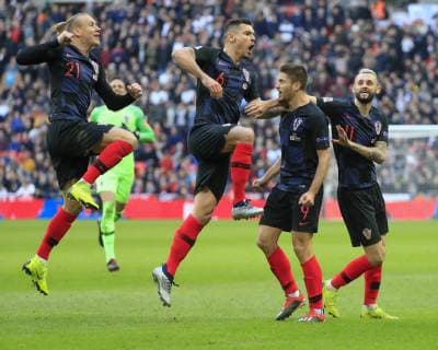 18th November 2018, Wembley Stadium, London, England; UEFA Nations League football, England versus Croatia; Croatia players celebrate the opening goal off the game scored by Andrej Kramaric of Croatia in the 57th minute  ActionPlus12081215 ConorxMolloy