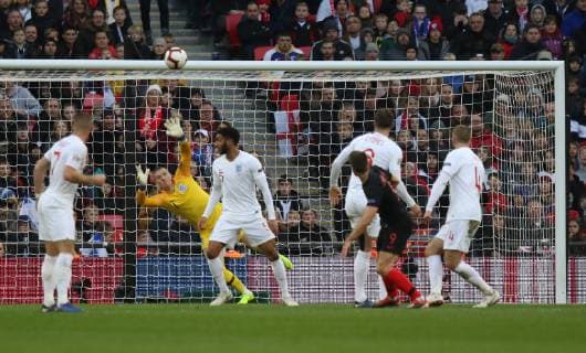 Jordan Pickford (E) can t stop the Andrej Kramaric (C) shot that was deflected by Eric Dier (E) to score the first Croatia goal 0-1 at the England v Croatia UEFA Nations League game at Wembley Stadium, London, November 18, 2018. **This picture is for editorial use ONLY** 