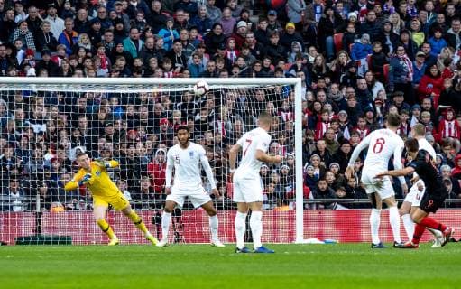 Andrej Kramaric of Croatia shoots and scores past the diving Goalkeeper Jordan Pickford of England during the UEFA Nation League Group Stage match between England and Croatia at Wembley Stadium, London, England on 18 November 2018. Copyright: xLiamxMcAvoyx 21980022