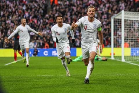 GOAL - Harry Kane (Tottenham Hotspur) of England (9) celebrates after he scores his team?s second goal to make the score 2-1during the Nations League A Group 4 international match L?nderspiel between England and Croatia at Wembley Stadium, London, England on 18 November 2018. Copyright: xDavidxHornx PMI-2413-0041