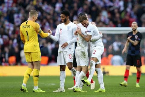 England v Croatia UEFA Nations League England players including Jordan Pickford, Joe Gomez, Ben Chilwell and Kyle Walker celebrate winning the UEFA Nations League match at Wembley Stadium, London Content Not Available For UK Newspapers Copyright: xJamesxWilsonx FIL-12569-0028