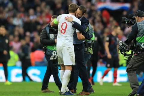 18th November 2018, Wembley Stadium, London, England; UEFA Nations League football, England versus Croatia; England Manager Gareth Southgate celebrates the 2-1 win with Harry Kane  ActionPlus12081231 ShaunxBrooks