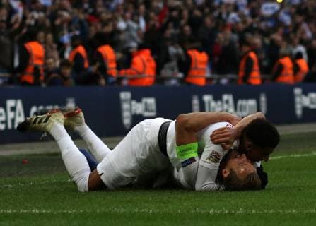 Harry Kane (E) is congratulated by Jesse Lingard (E) after scoring his winning goal 2-1 at the England v Croatia UEFA Nations League game at Wembley Stadium, London, November 18, 2018. **This picture is for editorial use ONLY** 