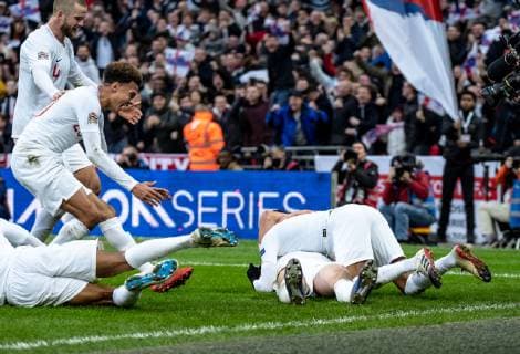 Harry Kane of England celebrates his winning goal with teammates during the UEFA Nation League Group Stage match between England and Croatia at Wembley Stadium, London, England on 18 November 2018. Copyright: xLiamxMcAvoyx 21980105