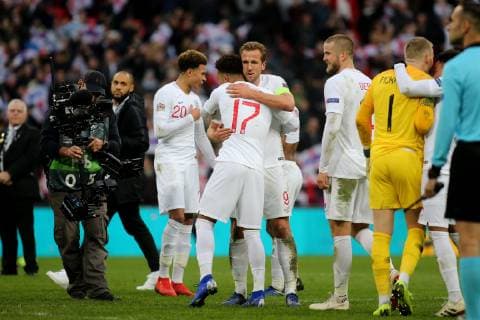 Harry Kane embraces Jadon Sancho at the final whistle to celebrate England s victory during the Nations League A Group 4 international match L?nderspiel between England and Croatia at Wembley Stadium, London, England on 18 November 2018. Copyright: xPaulxDennisx PMI-2412-0033