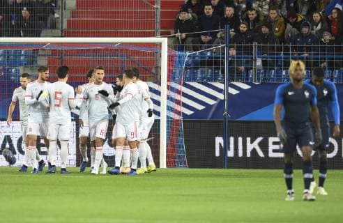 Joie des joueurs de l equipe de l Espagne - Jorge Mere ( Espagne ) - Jorge Saen De Miera ( Espagne ) - Borja Mayoral ( Espagne ) FOOTBALL : France vs Espagne - Match Amical - Caen - 19 11 2018 FedericoPestellini PANORAMIC 