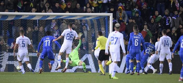 Italian Vincenzo Grifo scoring the 1-0 goal during a friendly soccer game between Italy and USA in Genk, Tuesday 20 November 2018. YORICKxJANSENS  x05473727x