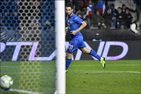 Italian Matteo Politano scores a goal during a friendly soccer game between Italy and USA in Genk, Tuesday 20 November 2018. JOHANxEYCKENS  x05473747x