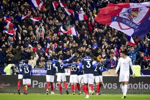 joie des joueurs de l equipe de France apres le but sur penalty de Olivier Giroud (France) FOOTBALL : France vs Uruguay - Match Amical - St Denis - 20 11 2018 JBAutissier Panoramic 