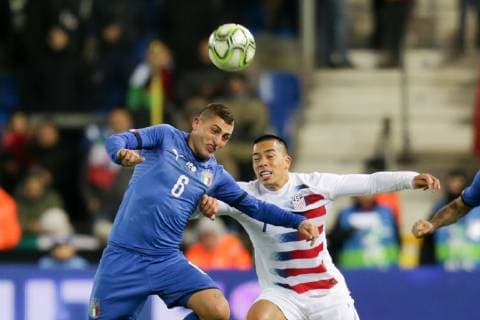 November 20, 2018 - Genk, Belgium - Genk, Belgium - Tuesday November 20, 2018: The men s national teams of the United States (USA) and Italy (ITA) play in an International Friendly Länderspiel game at Luminus Arena. Marco Verratti, Bobby Wood - ZUMAt139 20181120_zaa_t139_073 Copyright: xJohnxDortonx
