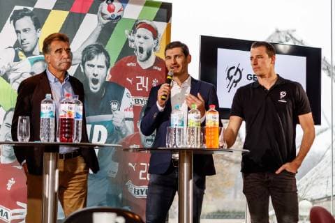 Muenchen, Deutschland, 21.11.2018, Pressekonferenz, 50 Tage bis zur Handball-WM 2019 Heiner Brand, Henning Fritz, Dominik Klein ( DeFodi507