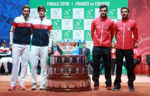 Sport Bilder des Tages Davis Cup - Men s Doubles Draw 22.11.2018.,Stadium Pierre-Mauroy, France, Lille - Men s Doubles Draw for Davis Cup Final s France - Croatia . Nicolas Mahut, Pierre-Hugues Herbert, Mate Pavic, Ivan Dodig.  SanjinxStrukic PIXSELL