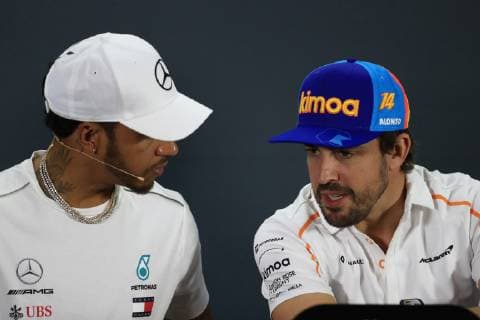 22nd November 2018, Yas Marina, Abu Dhabi, United Arab Emirates; Etihad Airways Formula 1 Grand Prix of Abu Dhabi, driver arrivals and press conference PK Pressekonferenz Mercedes AMG Petronas Motorsport, Lewis Hamilton and McLaren, Fernando Alonso  ActionPlus12081843 Octane