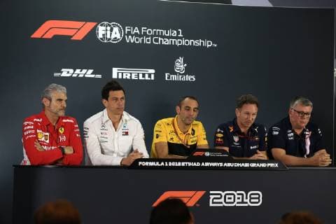 23rd November 2018, Yas Marina, Abu Dhabi, United Arab Emirates; Etihad Airways Formula 1 Grand Prix of Abu Dhabi, Friday free practice; Maurizio Arrivabene, Managing Director and Team Principal of Scuderia Ferrari, Toto Wolff, Executive Director and Head of Mercedes Benz Motorsport, Cyril Abiteboul, Managing Director of Renault Racing Formula 1 Team, Christian Horner, Team Principal of Red Bull Racing and Otmar Szafnauer, Team Principal of Racing Point Force India ActionPlus12082039 Octane