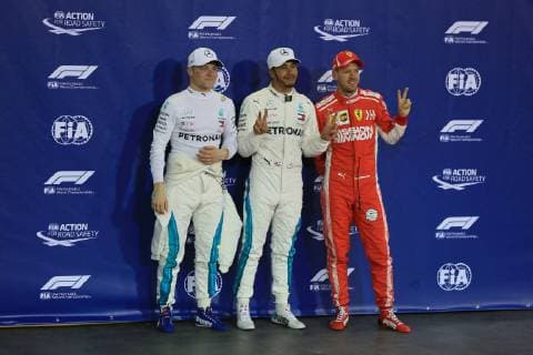 24th November 2018, Yas Marina, Abu Dhabi, United Arab Emirates; Etihad Airways Formula 1 Grand Prix of Abu Dhabi, qualification; Mercedes AMG Petronas Motorsport, Lewis Hamilton takes pole ahead of team mate Valtteri Bottas and Scuderia Ferrari, Sebastian Vettel  ActionPlus12082238 Octane