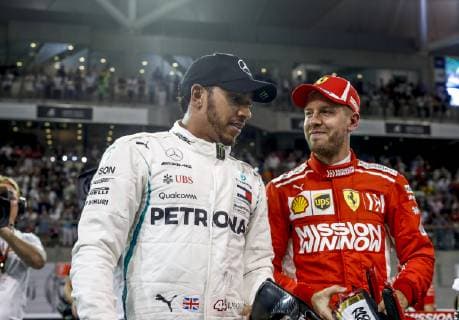 Motorsports: FIA Formula One World Championship WM Weltmeisterschaft 2018, Grand Prix of Abu Dhabi, World Championship;2018;Grand Prix;Abu Dhabi, , 5 Sebastian Vettel (GER, Scuderia Ferrari) 44 Lewis Hamilton (GBR, Mercedes AMG Petronas F1 Team), Abu Dhabi United Arab Emirates