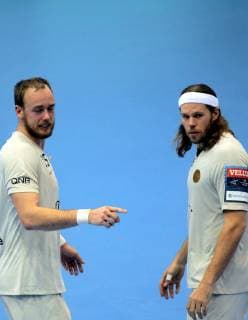 24.11.2018 Szeged(Hungary) MOL-Pick Szeged-PSG Paris Saint-Germain HB Velux EHF Champions League men s handball Danish players Henrik Toft Hansen(L),Mikkel Hansen(R) PSG Paris Saint-Germain HB during lost match : 