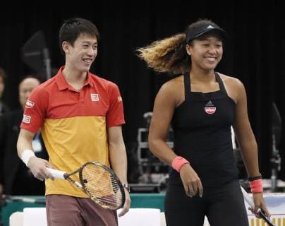 Tennis: Osaka, Nishikori play in charity match Japan s Naomi Osaka (R) and Kei Nishikori play a charity mixed doubles tennis match in Nagoya, central Japan, on Nov. 25, 2018. 