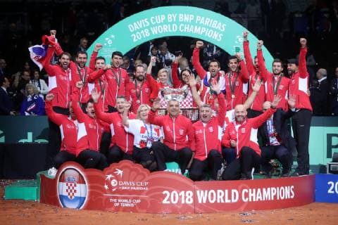 Davis Cup final France - Croatia 25.11.2018., Lille, France - Pierre-Mauroy stadium, the final of Davis Cupa between France and Croatia. Match Lucas Pouille VS Marin Cilic. Croatia won Davis Cup. Zeljko Krajan, Ivan Dodig, Mate Pavic, Franko Skugor, Borna Coric, Marin Cilic, Kolinda Grabar-Kitarovic  SanjinxStrukic PIXSELL