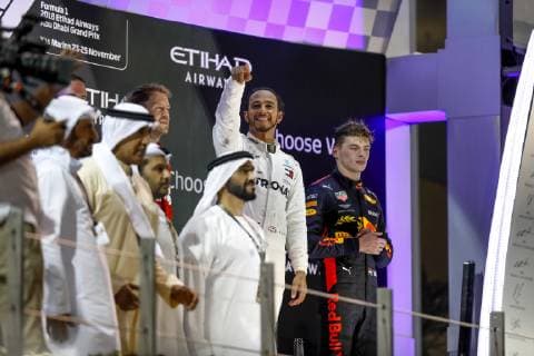 Motorsports: FIA Formula One World Championship WM Weltmeisterschaft 2018, Grand Prix of Abu Dhabi, World Championship;2018;Grand Prix;Abu Dhabi, 44 Lewis Hamilton (GBR, Mercedes AMG Petronas F1 Team), 33 Max Verstappen (NDL, Red Bull Racing), , 5 Sebastian Vettel (GER, Scuderia Ferrari) Abu Dhabi United Arab Emirates