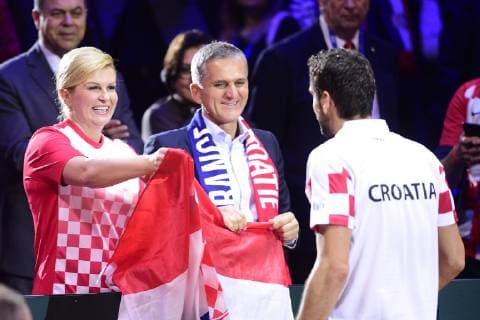 joie de Kolinda Grabar Kitarovic - presidente de la Croatie et de Marin Cilic (Cro) TENNIS : France vs Croatie - Finale de la Coupe Davis - 25 11 2018 JBAutissier Panoramic 