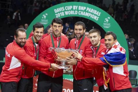 (181126) -- LILLE, Nov. 26, 2018 (Xinhua) -- The Croatian team members attend the awarding ceremony in Lille, France on Nov. 25, 2018. Marin Cilic of Croatia won 3-0 in the 4th match of the final of the Davis Cup against Lucas Pouille of France, making Croatia claim the title by 3-1. (Xinhua Eugene Pradier) (SP)FRANCE-LILLE-TENNIS-DAVIS CUP-FINAL-4TH MATCH 