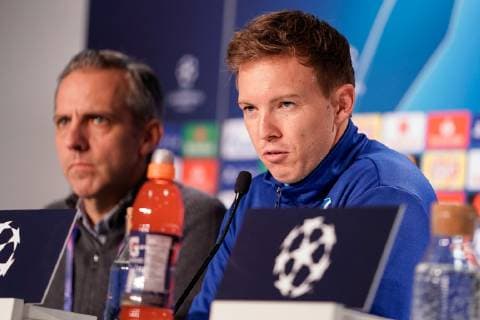 v.li.: Holger Kliem (Leiter Medien und Kommunikation, Hoffenheim), Julian Nagelsmann (Trainer, Cheftrainer, Hoffenheim), bei der Pressekonferenz, PK, press conference PK Pressekonferenz Pressetermin, Medientermin, Fussball, UEFA Champions League, Pressekonferenz TSG 1899 Hoffenheim,