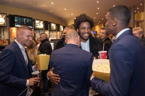 l-r: Jonathan Schmid 17 (FC Augsburg), Francisco da Silva Caiuby 30 (FC Augsburg), Sergio Cordova 21 (FC Augsburg), Kino-Premiere, Mehr als nur 90 Minuten, Fussball, Veranstaltung, 26.11.2018 Augsburg Bayern Deutschland