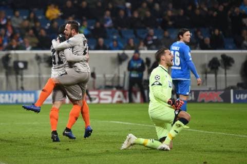27.11.2018, xmeix, Fussball UEFA Champions League, TSG 1899 Hoffenheim - FC Shakhtar Donetsk, emspor, v.l. Das 0:1 fuer Donetsk durch Ismaily (Schachtar Donezk) mit Butko Bohdan (Schachtar Donezk) gegen Havard Nordveit (TSG 1899 Hoffenheim) und Oliver Baumann (TSG 1899 Hoffenheim) (DFL DFB REGULATIONS PROHIBIT ANY USE OF PHOTOGRAPHS as IMAGE SEQUENCES and or QUASI-VIDEO) Sinsheim
